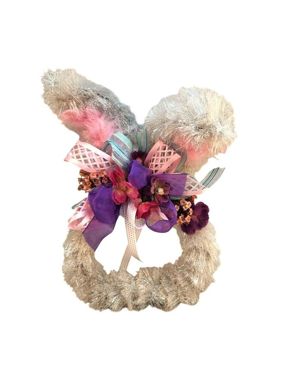 Silver Tinsel Easter Bunny Shaped Wreath With Floral & Ribbon Accents